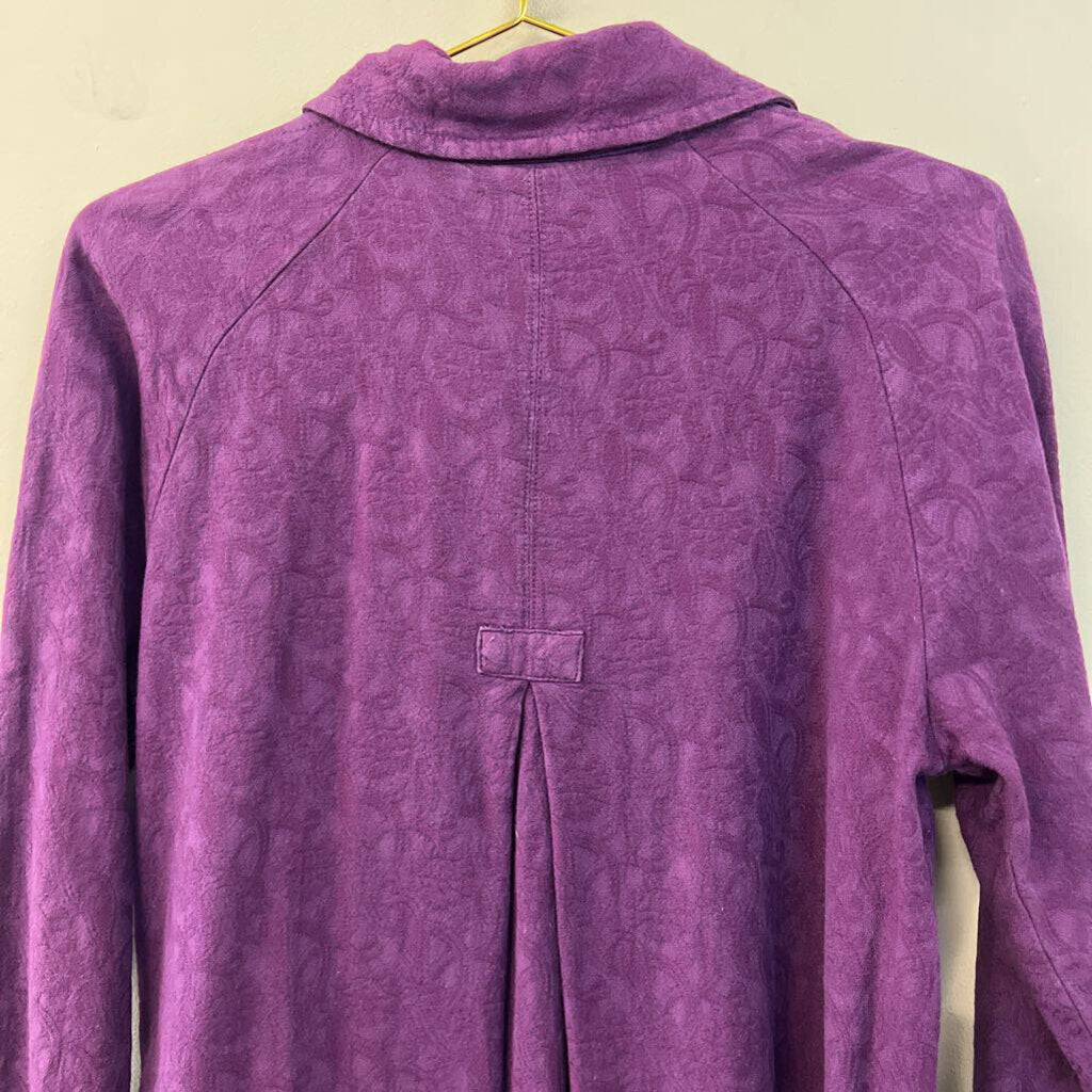 Eucalyptus Purple Textured Print Long Sleeve Button Down Shacket Top Extra Small