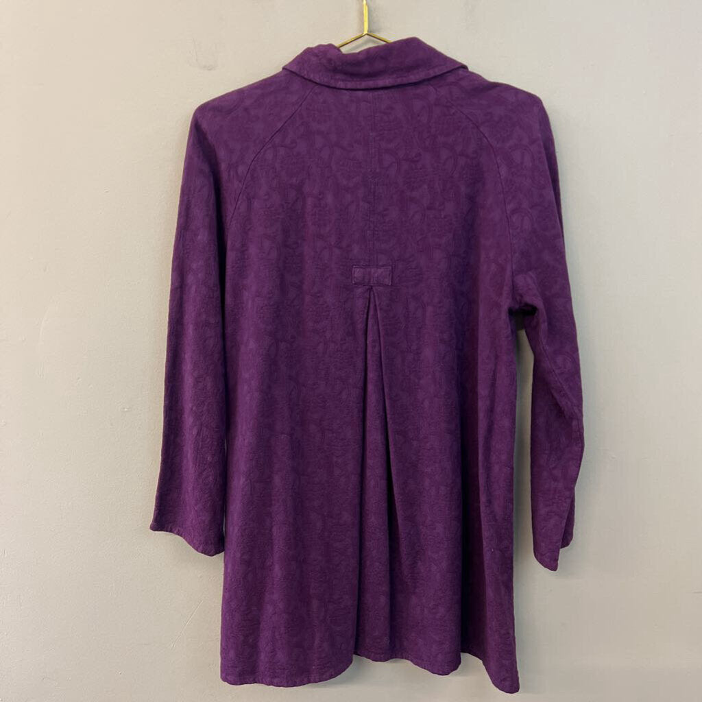 Eucalyptus Purple Textured Print Long Sleeve Button Down Shacket Top Extra Small