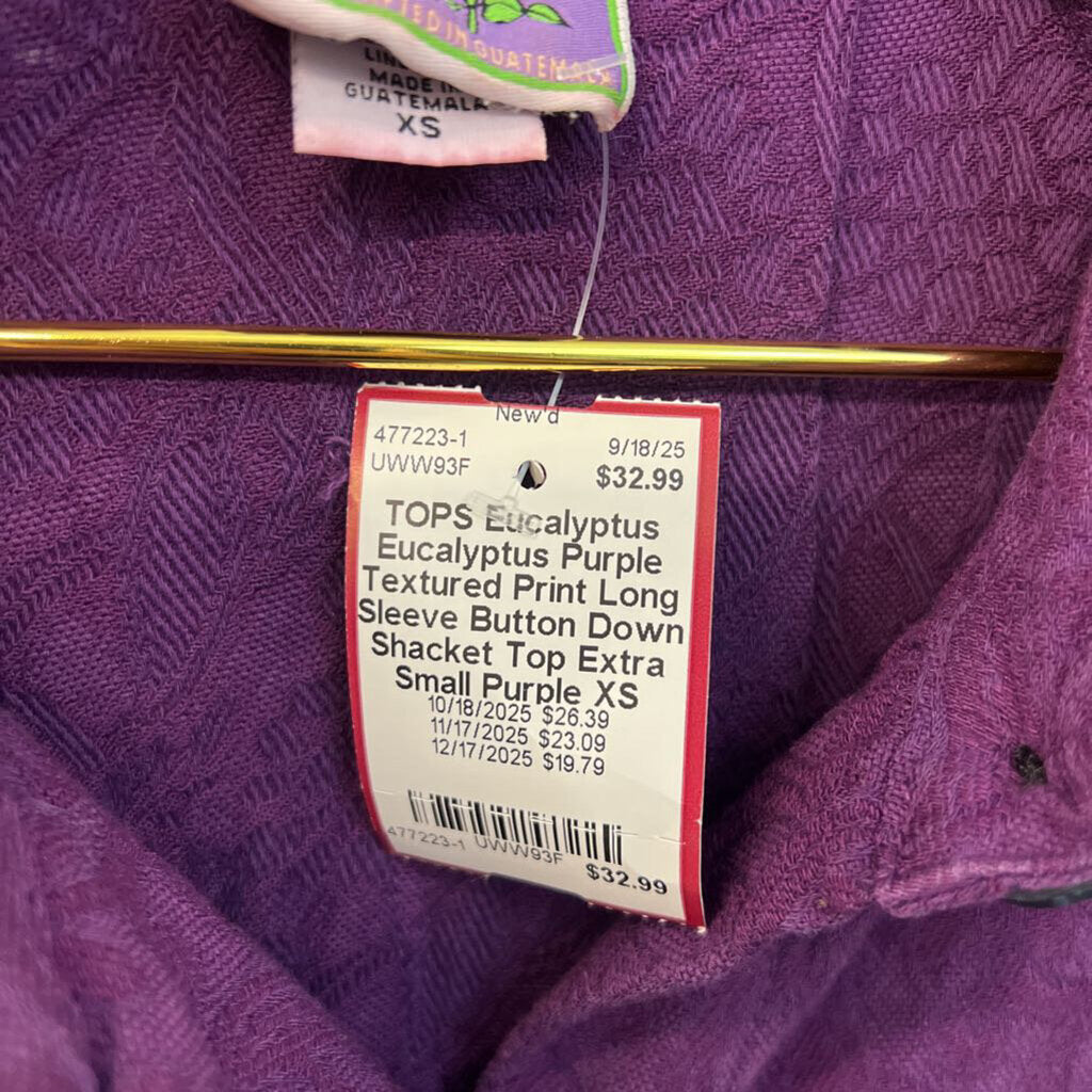Eucalyptus Purple Textured Print Long Sleeve Button Down Shacket Top Extra Small