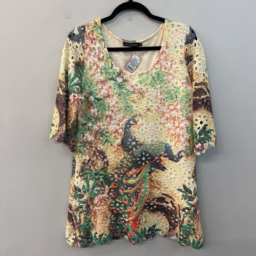 Atmosphere Cream/ Multi Print Eyelet Long Sleeve Dress Medium