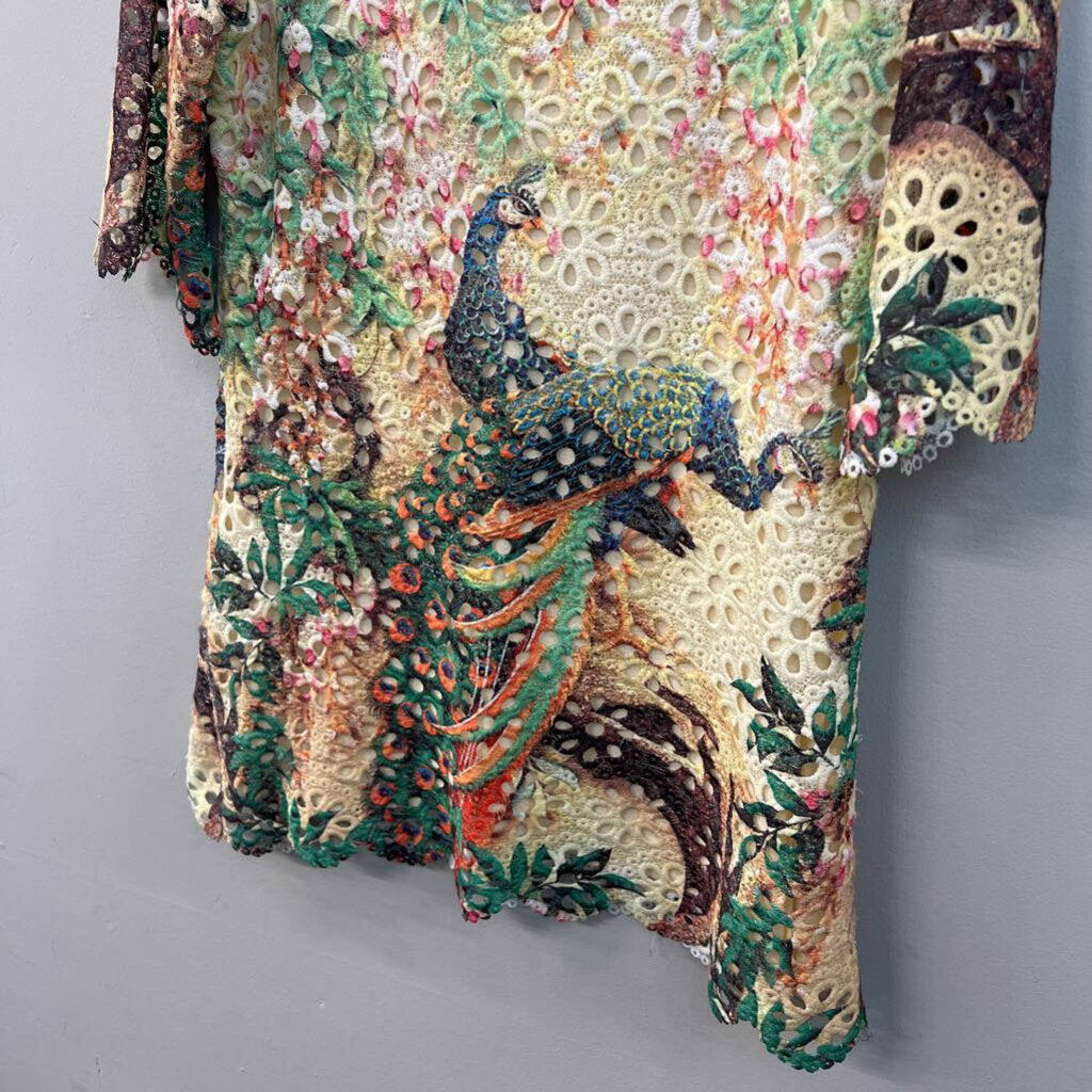 Atmosphere Cream/ Multi Print Eyelet Long Sleeve Dress Medium