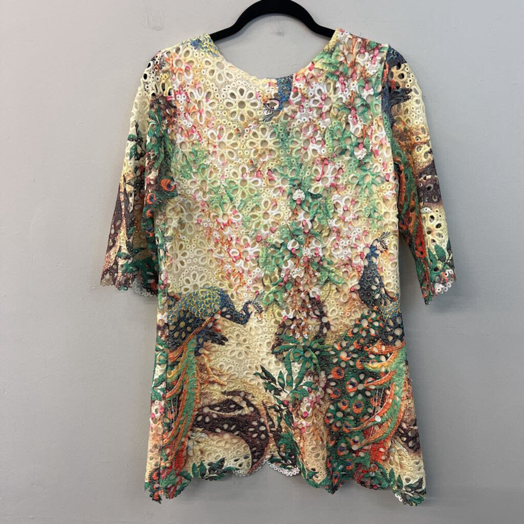 Atmosphere Cream/ Multi Print Eyelet Long Sleeve Dress Medium