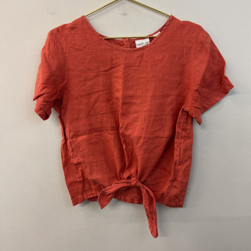 Rachel Zoe Orange 100% Linen Short Sleeve Tie Front Top Medium