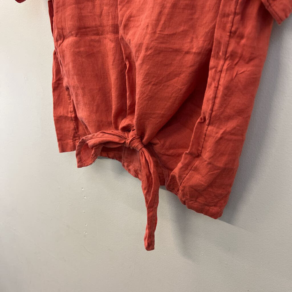 Rachel Zoe Orange 100% Linen Short Sleeve Tie Front Top Medium