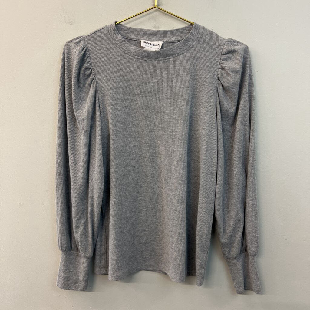 Republic Grey Ribbed Puff Shoulder Long Sleeve Top Small
