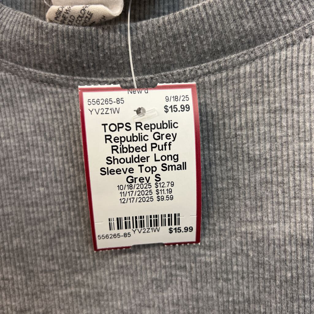 Republic Grey Ribbed Puff Shoulder Long Sleeve Top Small