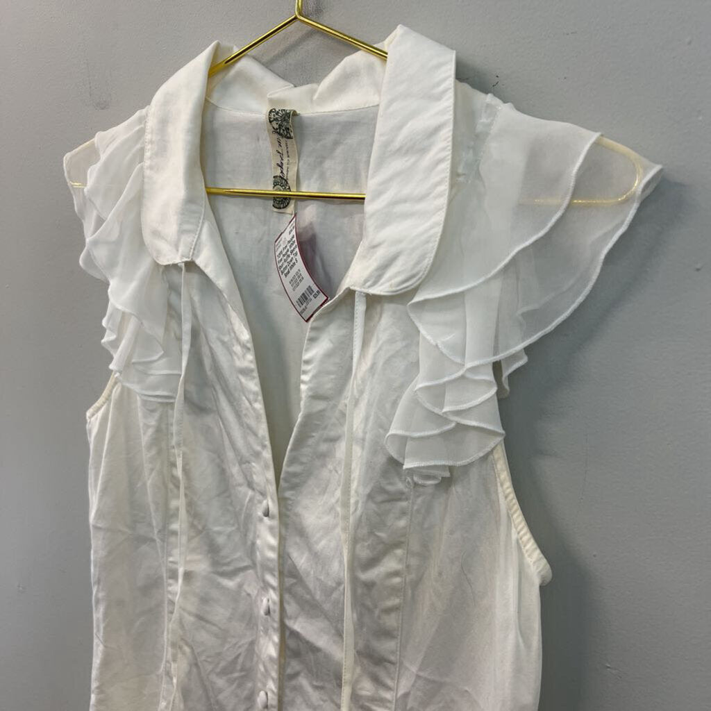 Free People White Short Ruffle Sleeve Button Down Top Small