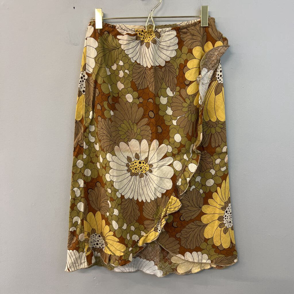 Zara Brown/ Multi Retro Flower Print Midi Skirt Small
