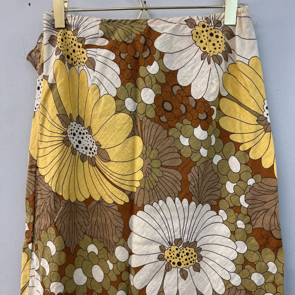 Zara Brown/ Multi Retro Flower Print Midi Skirt Small