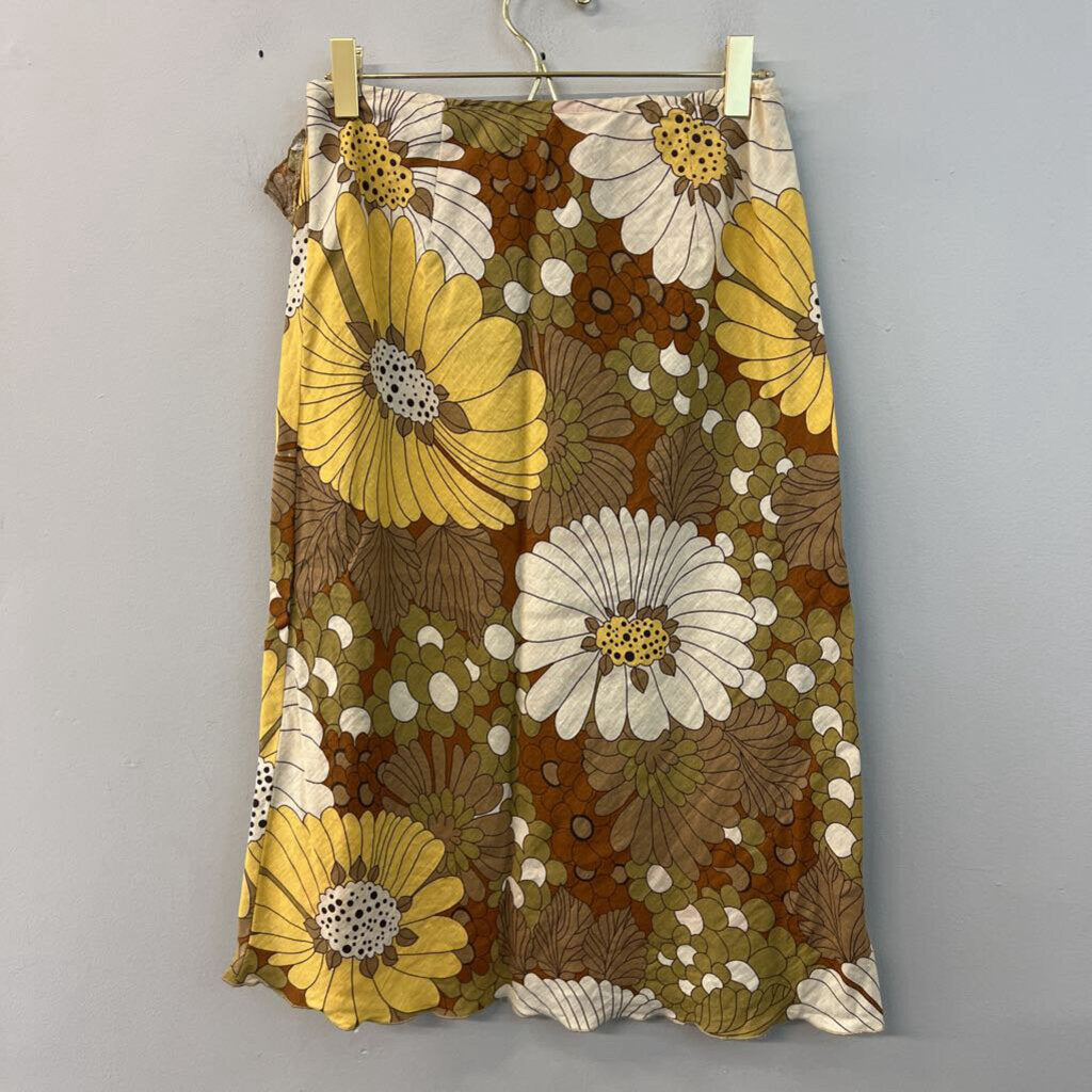 Zara Brown/ Multi Retro Flower Print Midi Skirt Small