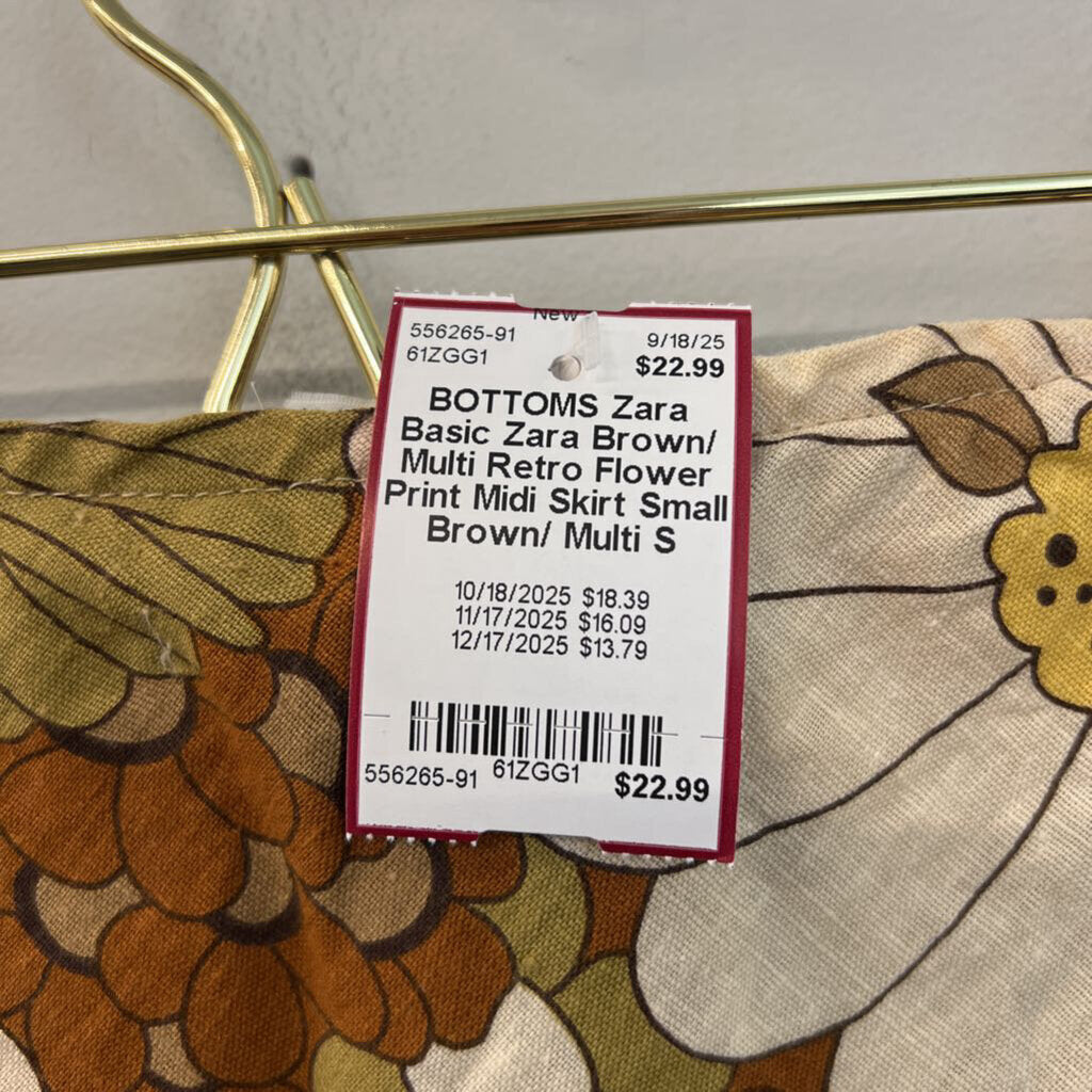 Zara Brown/ Multi Retro Flower Print Midi Skirt Small