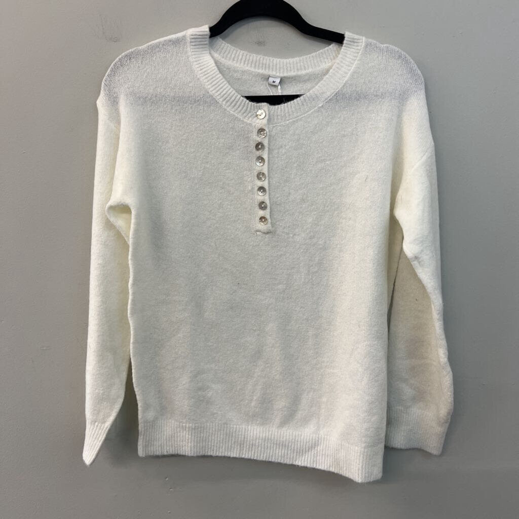 White Knit Long Sleeve Henley Top Medium