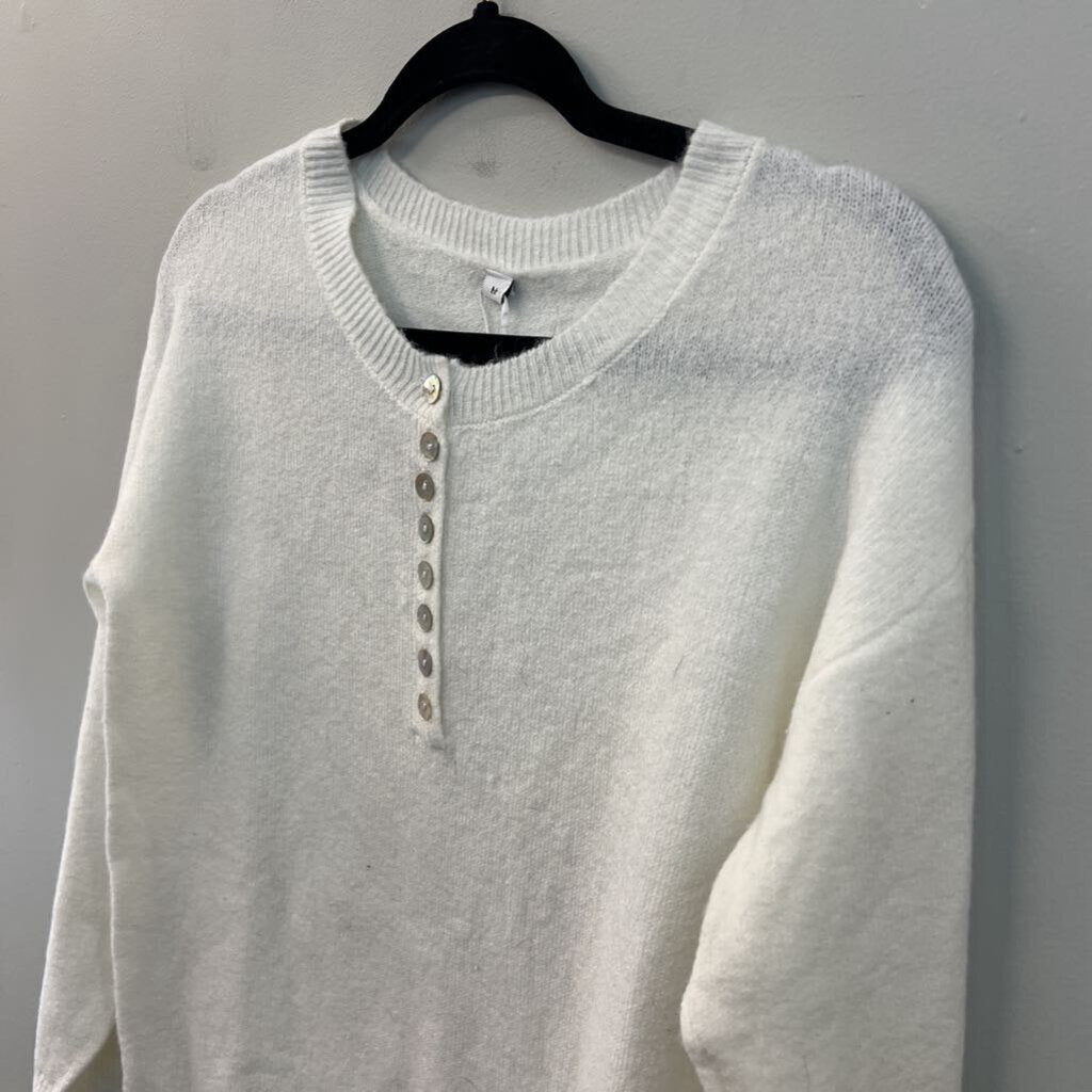White Knit Long Sleeve Henley Top Medium