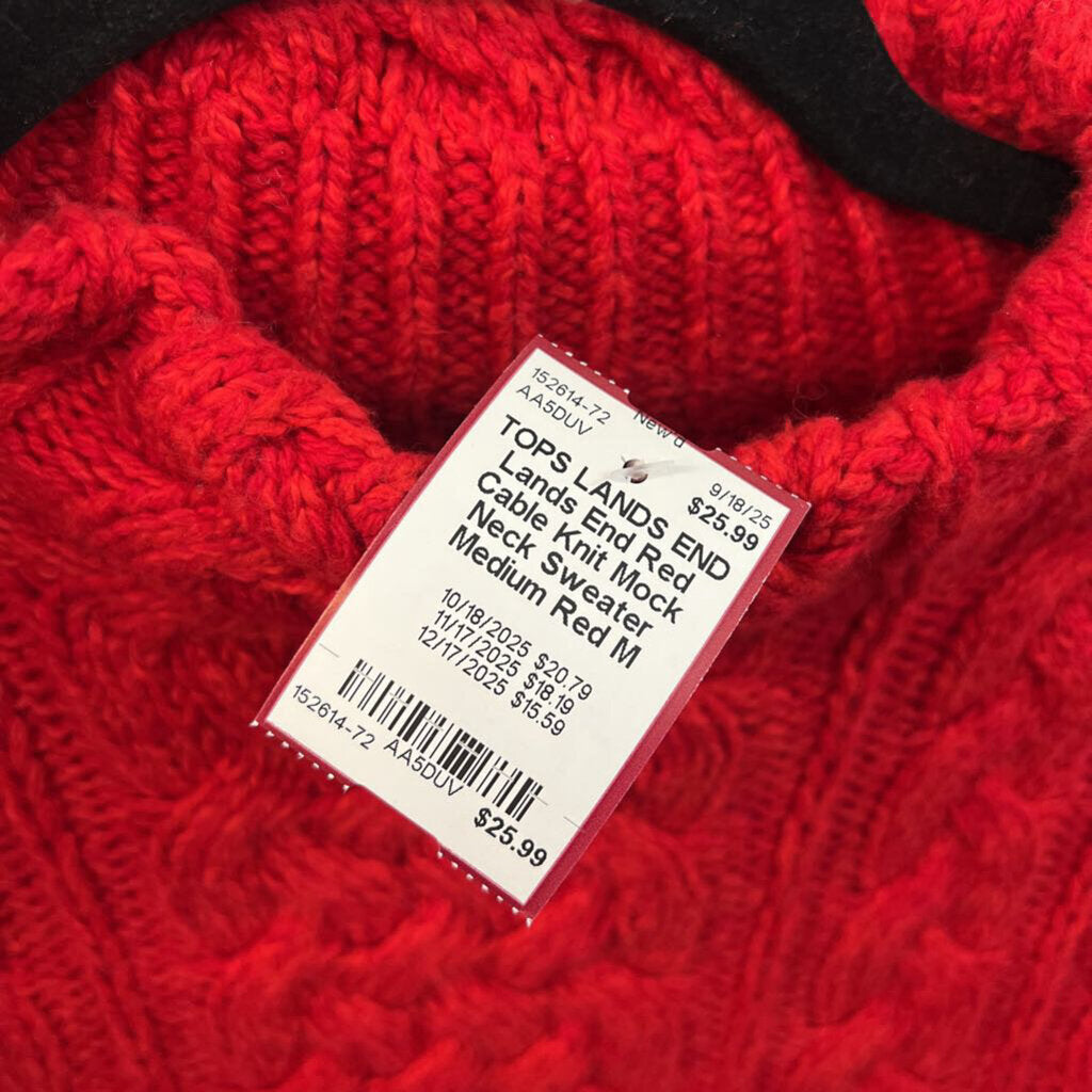 Lands End Red Cable Knit Mock Neck Sweater Medium