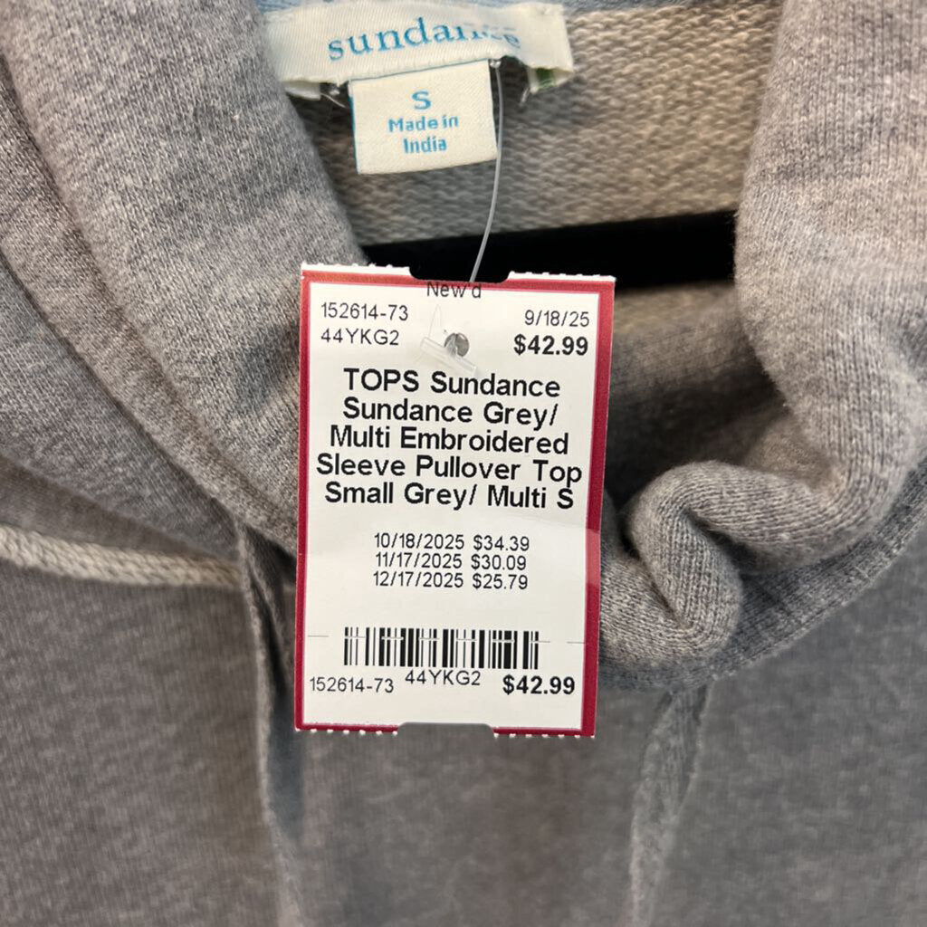 Sundance Grey/ Multi Embroidered Sleeve Pullover Top Small