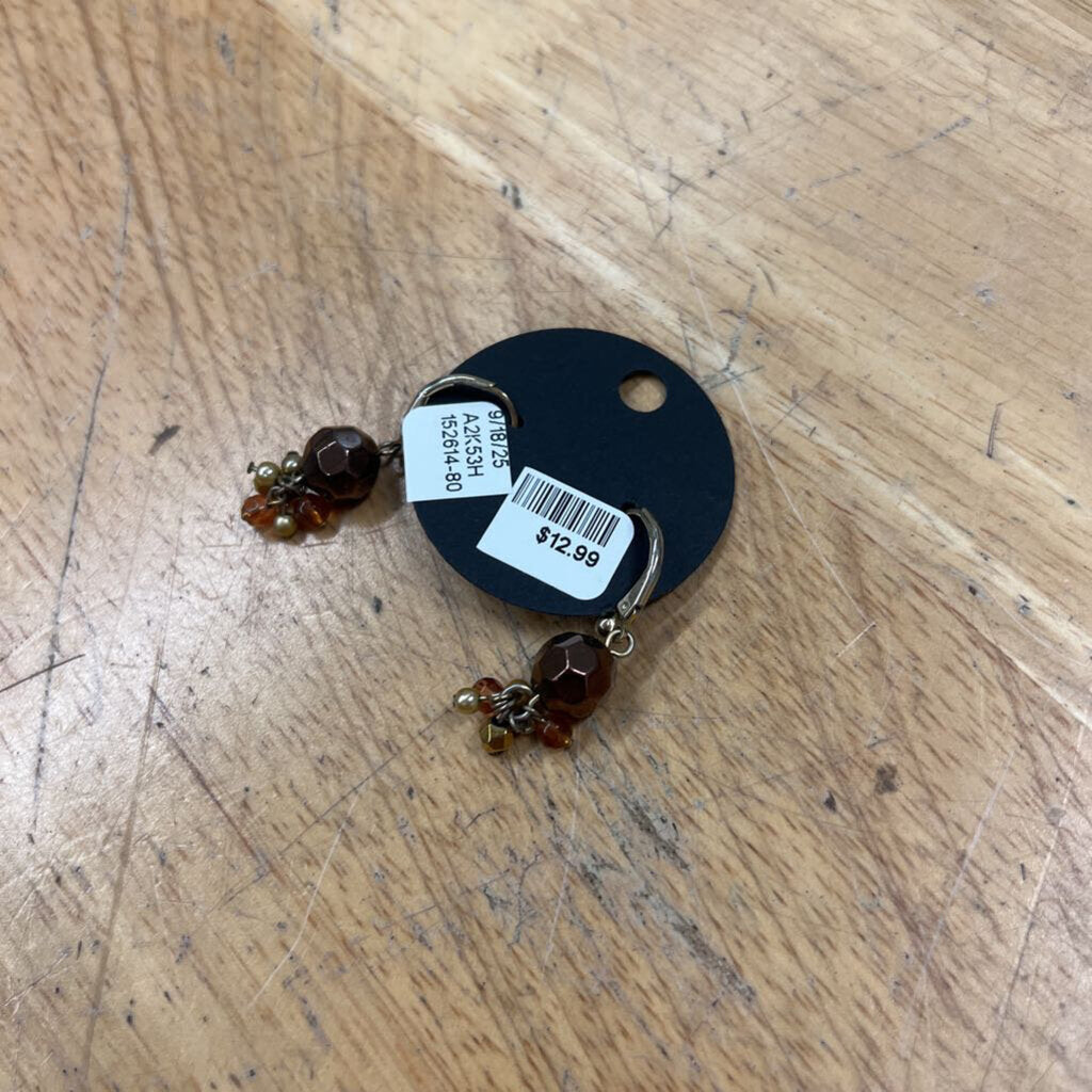 Gold/ Brown Beaded Cluster Drop Earrings