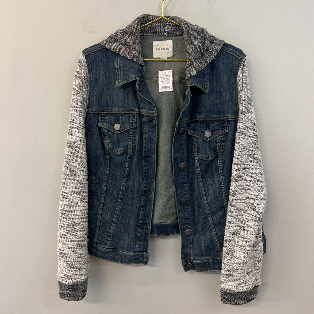 Torrid Dark Wash Sweater Sleeves Hooded Denim Jacket 2