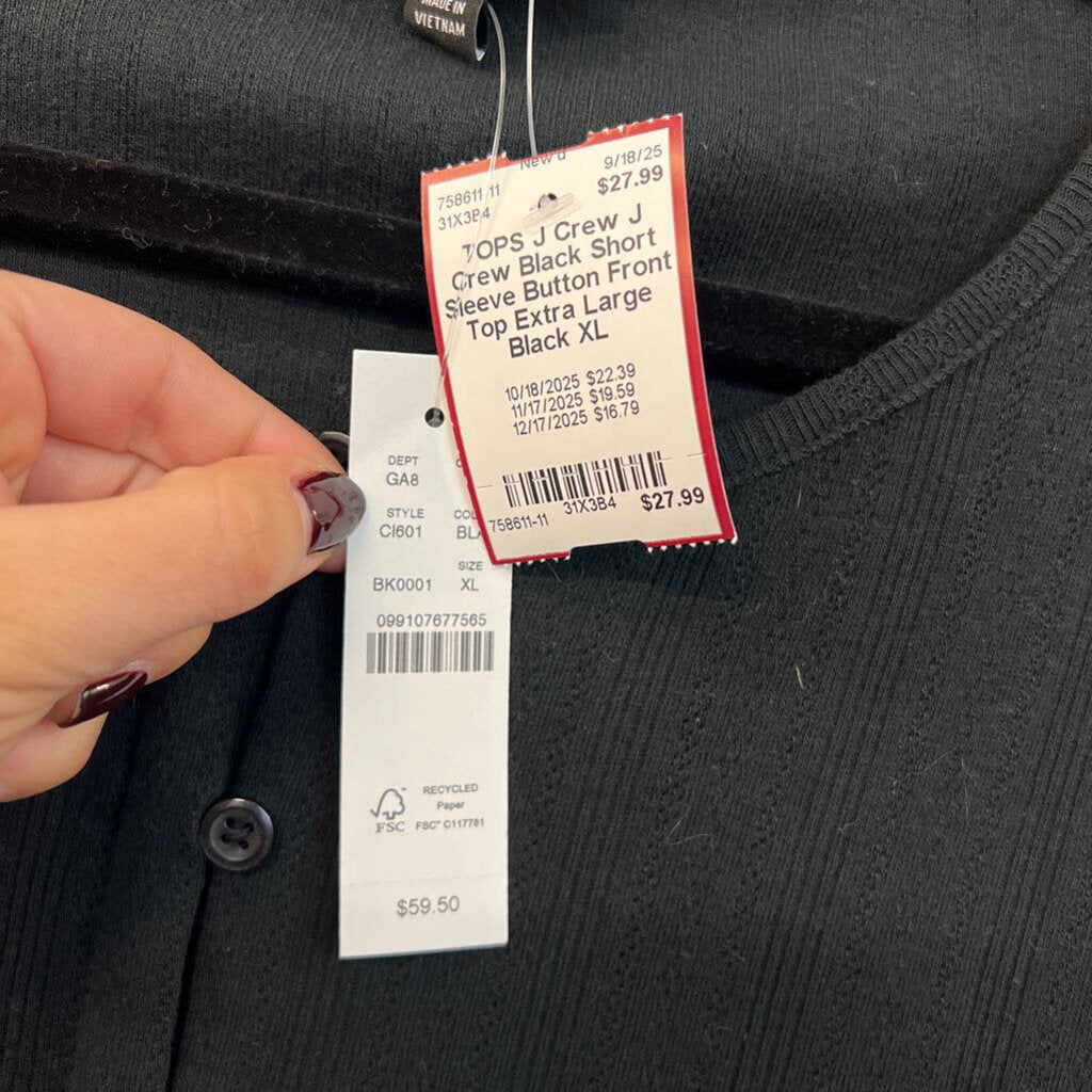 J Crew Black Short Sleeve Button Front Top Extra Large