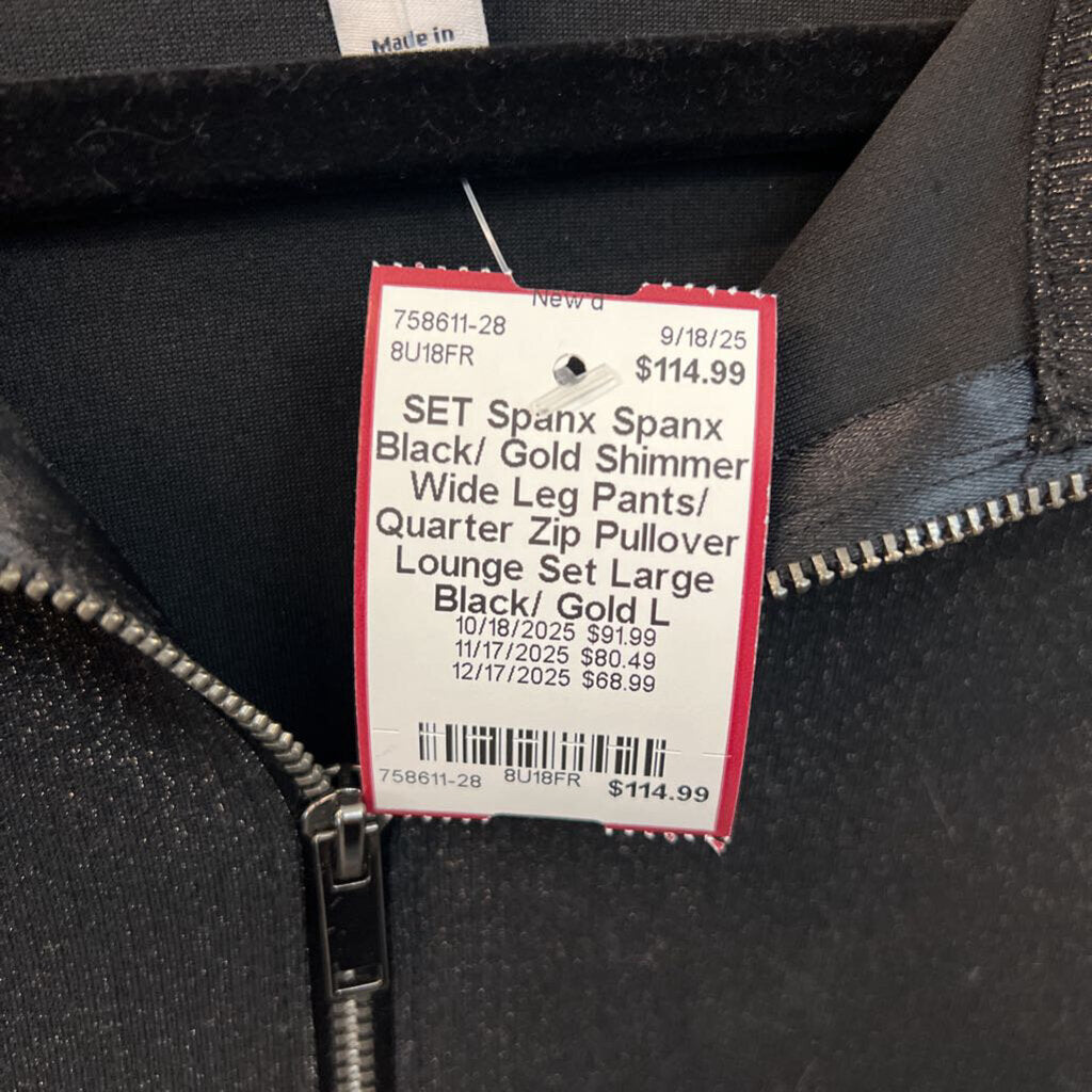 Spanx Black/ Gold Shimmer Wide Leg Pants/ Quarter Zip Pullover Lounge Set Large