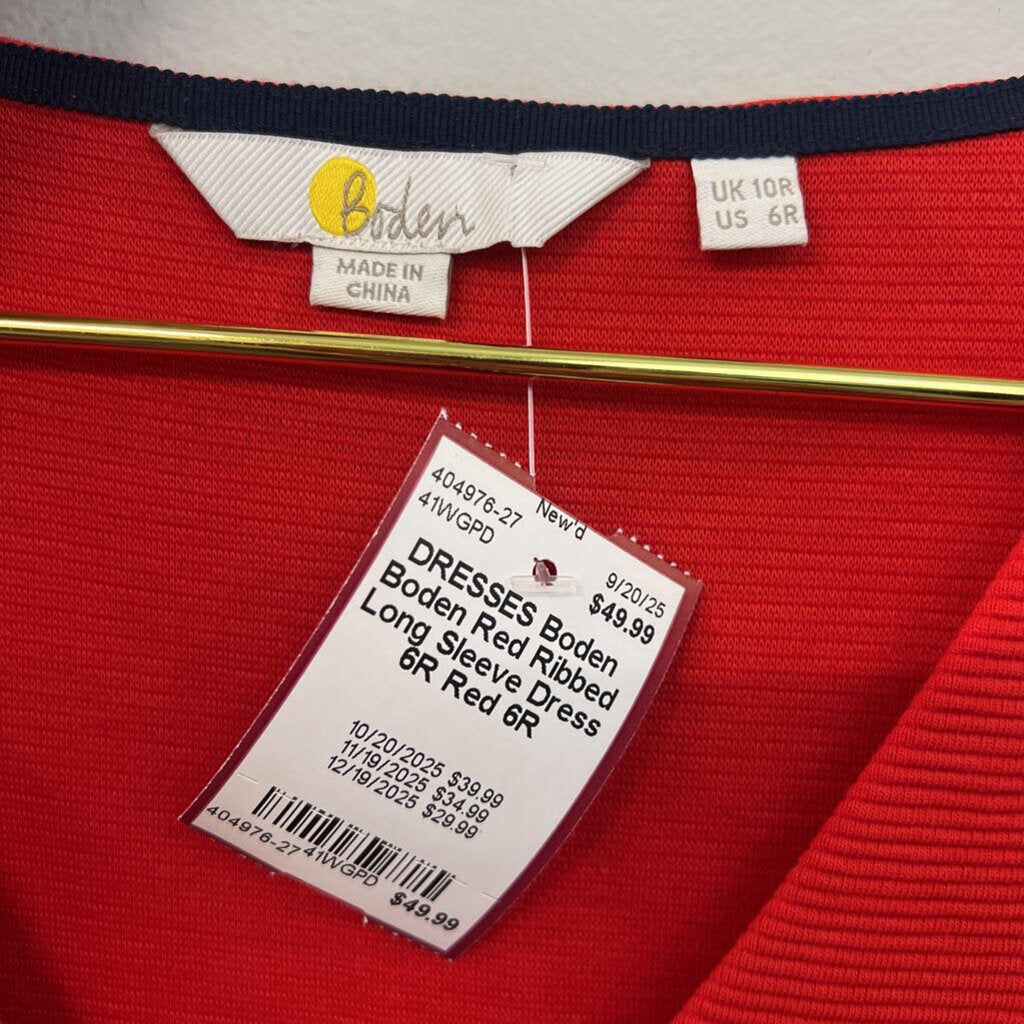 Boden Red Ribbed Long Sleeve Dress 6R