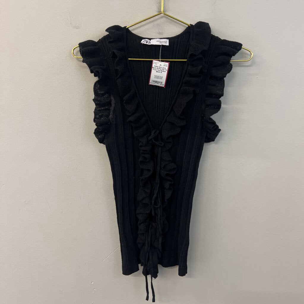 Zara Black Ruffle Knit Tie Front Top Medium