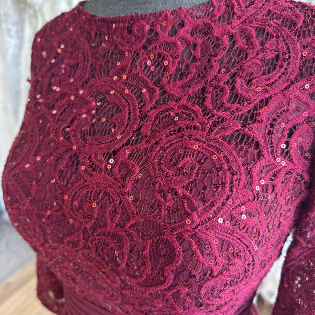Azazie Burgundy Lace Long Sleeve Top Long Formal Dress 14
