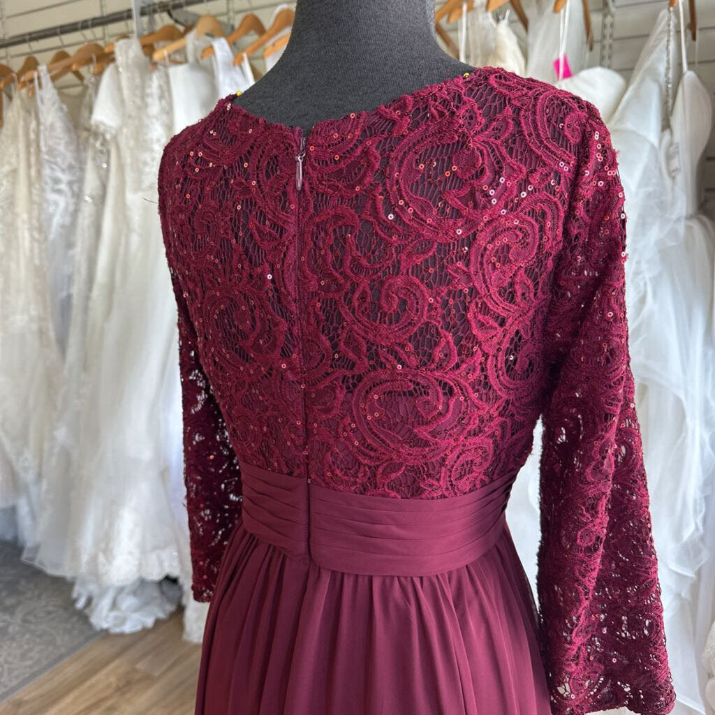 Azazie Burgundy Lace Long Sleeve Top Long Formal Dress 14