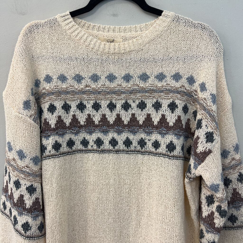 Easel Cream/ Blue Print Knit Long Sleeve Sweater Top Small