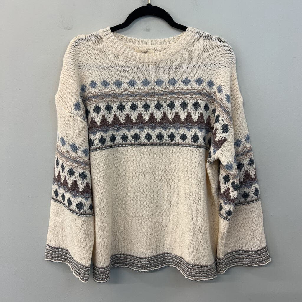 Easel Cream/ Blue Print Knit Long Sleeve Sweater Top Small