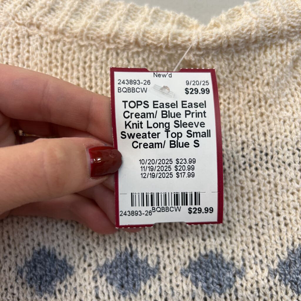 Easel Cream/ Blue Print Knit Long Sleeve Sweater Top Small