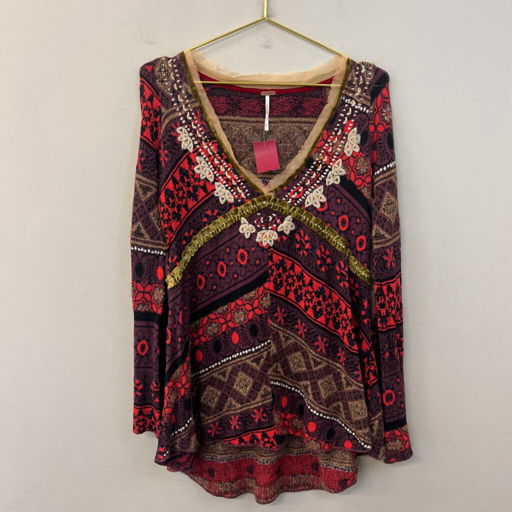 Free People Purple/ Red/ Multi Knit Print Long Sleeve Top Extra Small
