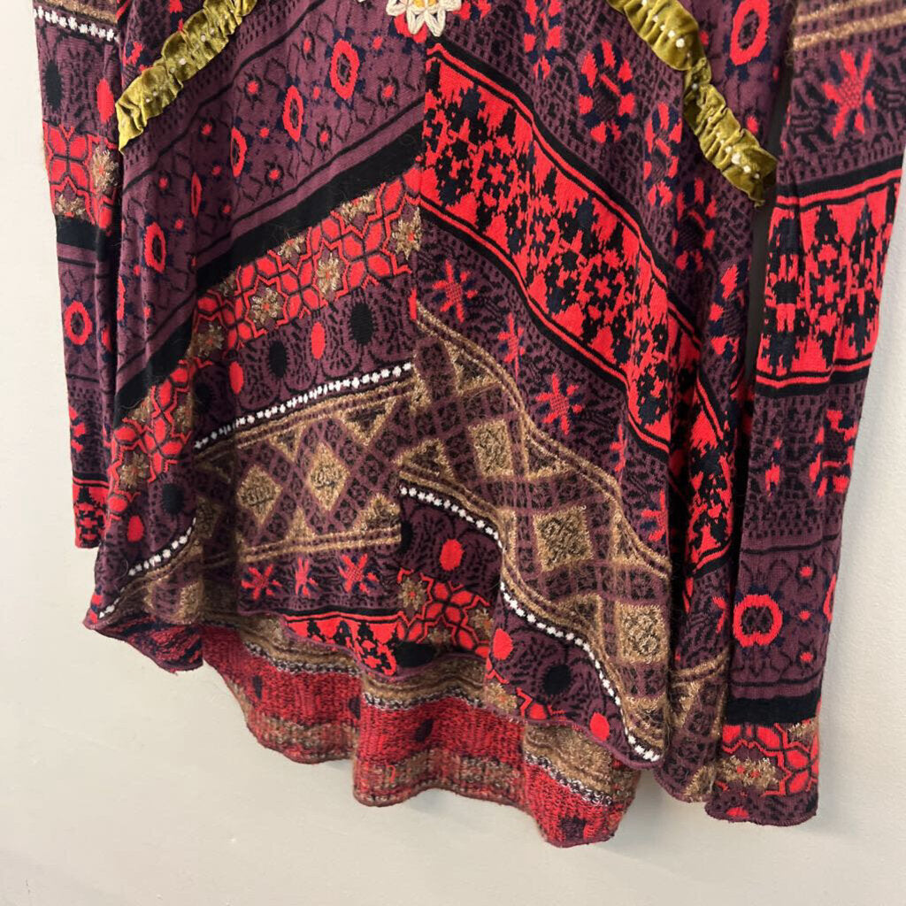 Free People Purple/ Red/ Multi Knit Print Long Sleeve Top Extra Small