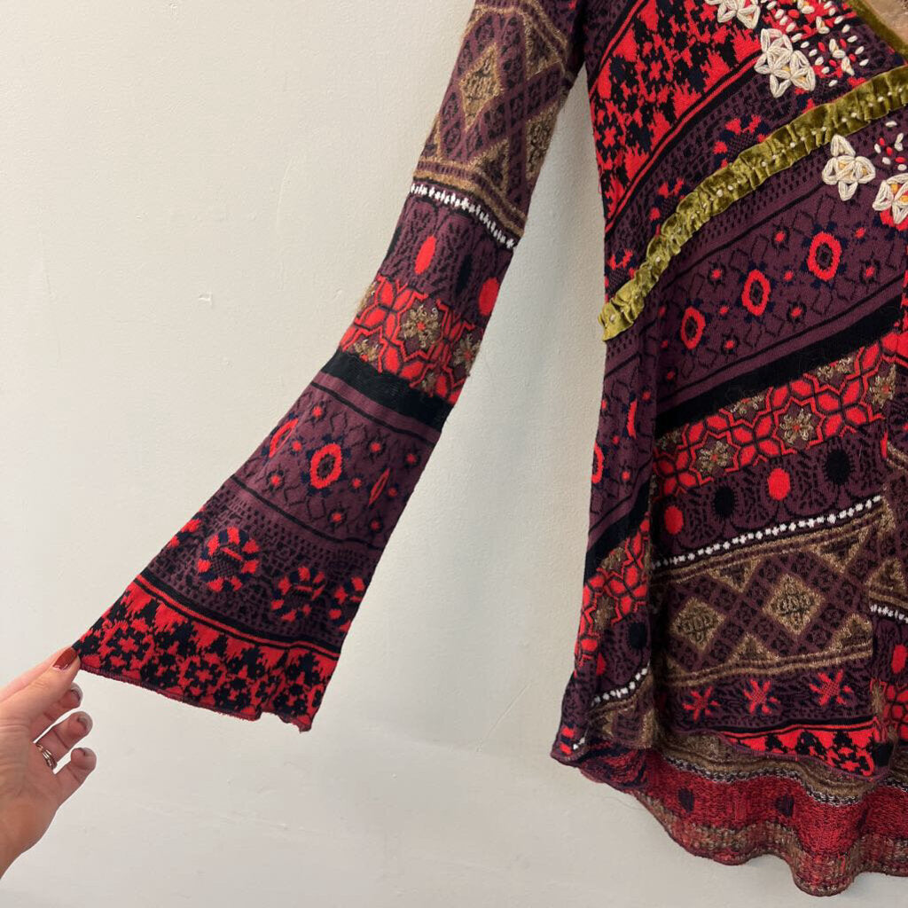 Free People Purple/ Red/ Multi Knit Print Long Sleeve Top Extra Small