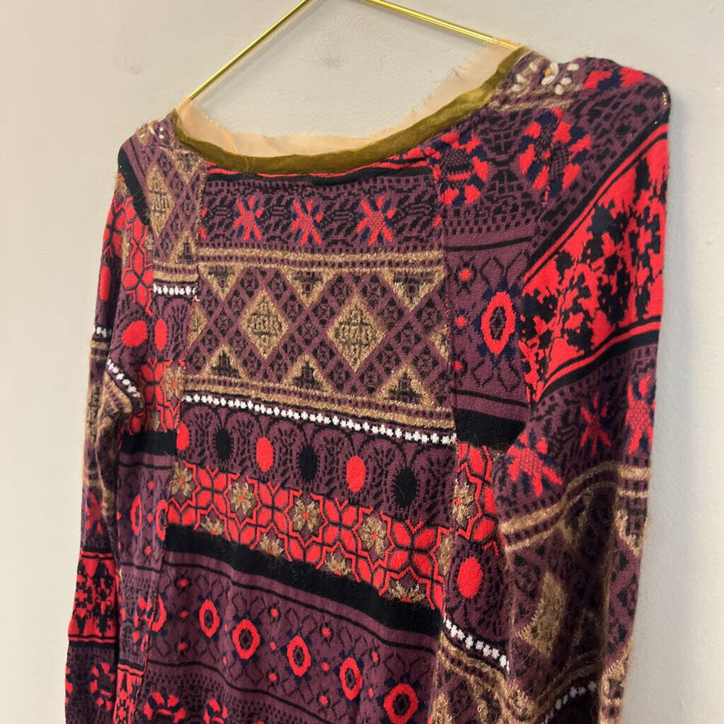 Free People Purple/ Red/ Multi Knit Print Long Sleeve Top Extra Small