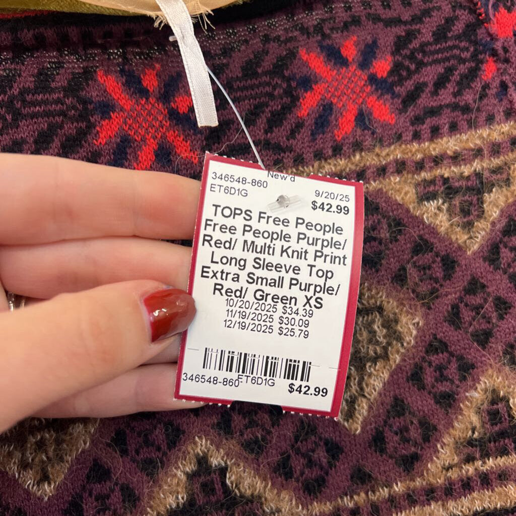 Free People Purple/ Red/ Multi Knit Print Long Sleeve Top Extra Small