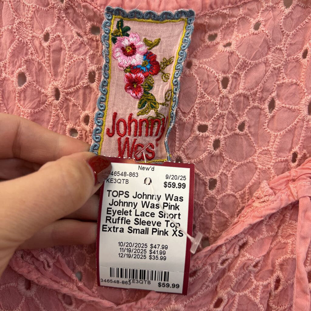 Johnny Was Pink Eyelet Lace Short Ruffle Sleeve Top Extra Small
