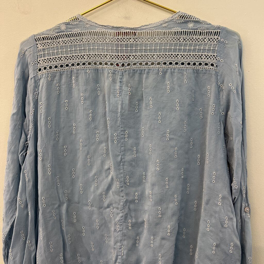 Johnny Was Blue Embroidered Detail Long Sleeve Top Small