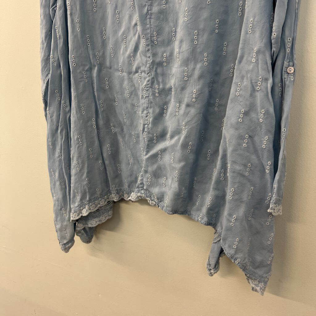 Johnny Was Blue Embroidered Detail Long Sleeve Top Small