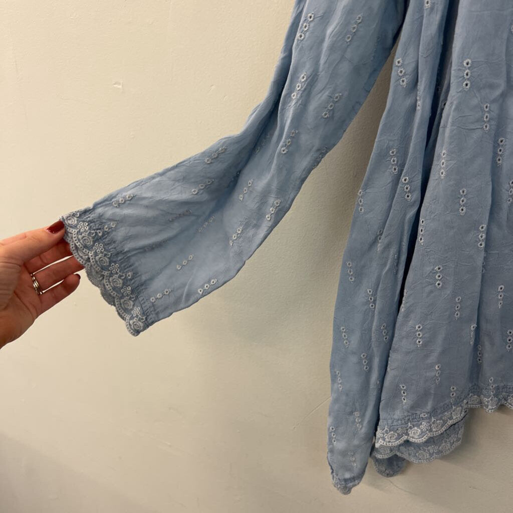 Johnny Was Blue Embroidered Detail Long Sleeve Top Small