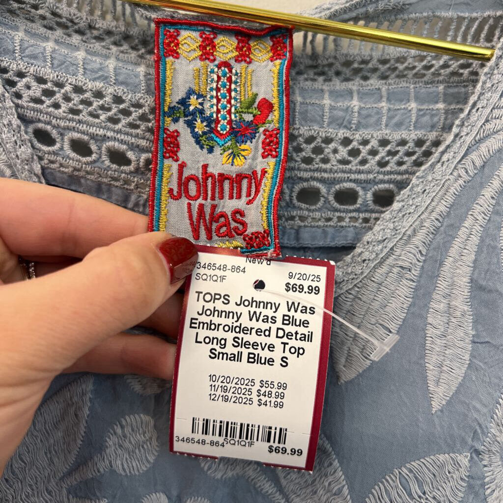 Johnny Was Blue Embroidered Detail Long Sleeve Top Small
