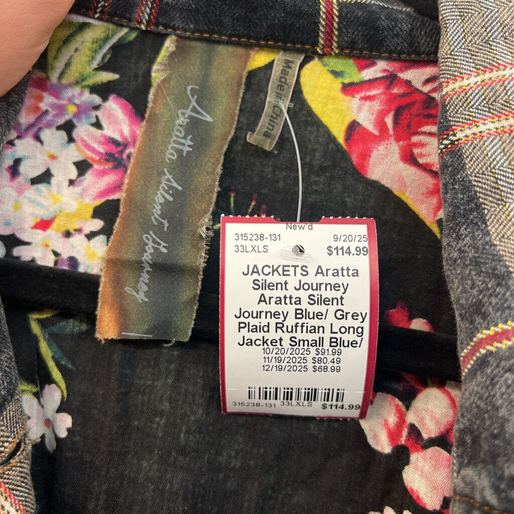 Aratta Silent Journey Blue/ Grey Plaid Ruffian Long Jacket Small