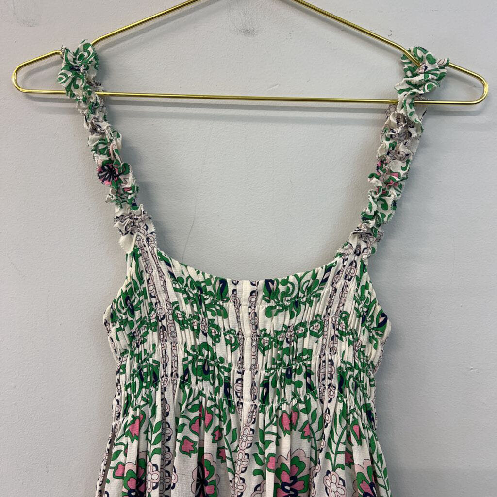 Tory Burch White/ Green Print Silk Layered Lace Hem Tank Top 6