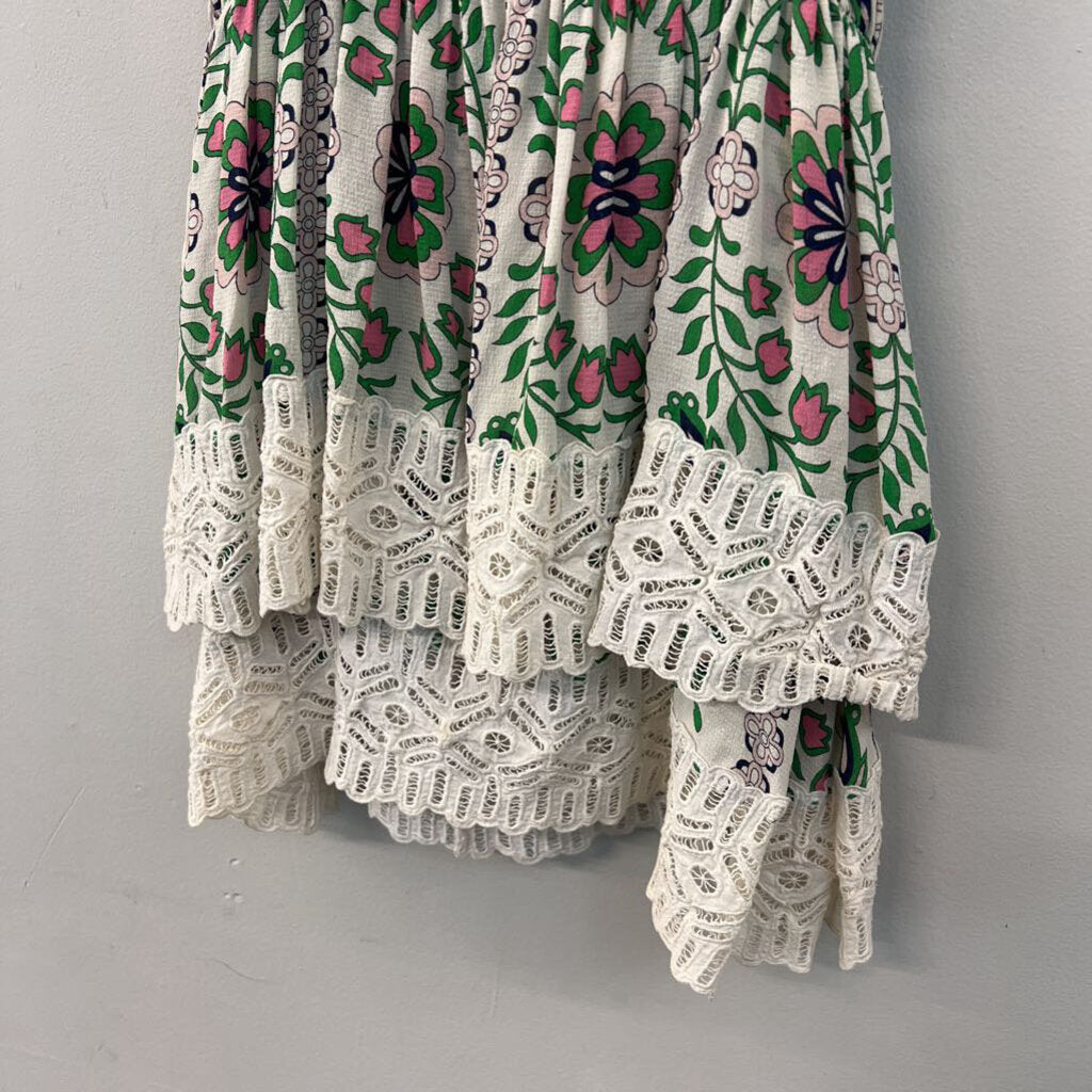 Tory Burch White/ Green Print Silk Layered Lace Hem Tank Top 6