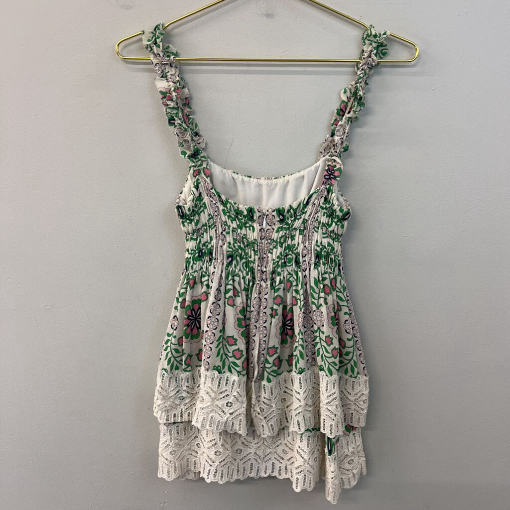 Tory Burch White/ Green Print Silk Layered Lace Hem Tank Top 6
