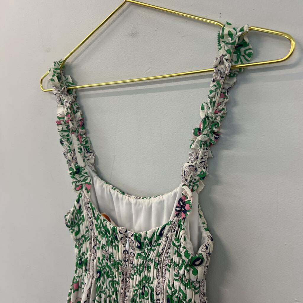 Tory Burch White/ Green Print Silk Layered Lace Hem Tank Top 6