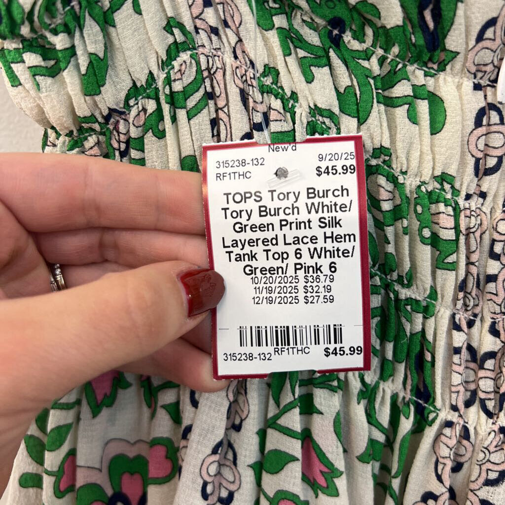 Tory Burch White/ Green Print Silk Layered Lace Hem Tank Top 6