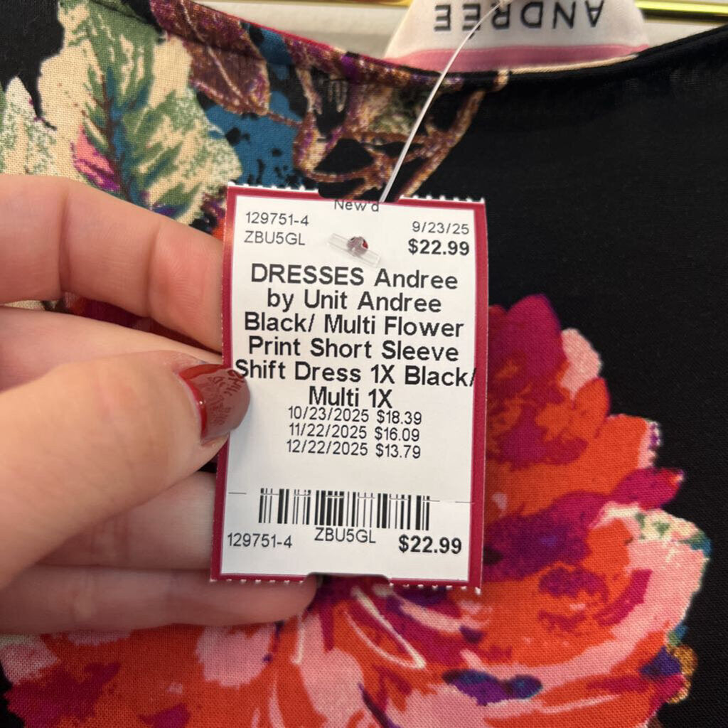 Andree Black/ Multi Flower Print Short Sleeve Shift Dress 1X