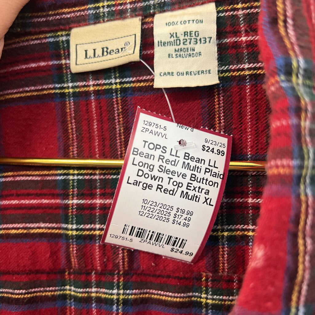 LL Bean Red/ Multi Plaid Long Sleeve Button Down Top Extra Large