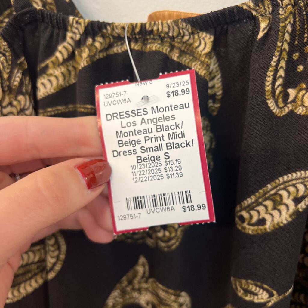 Monteau Black/ Beige Print Midi Dress Small