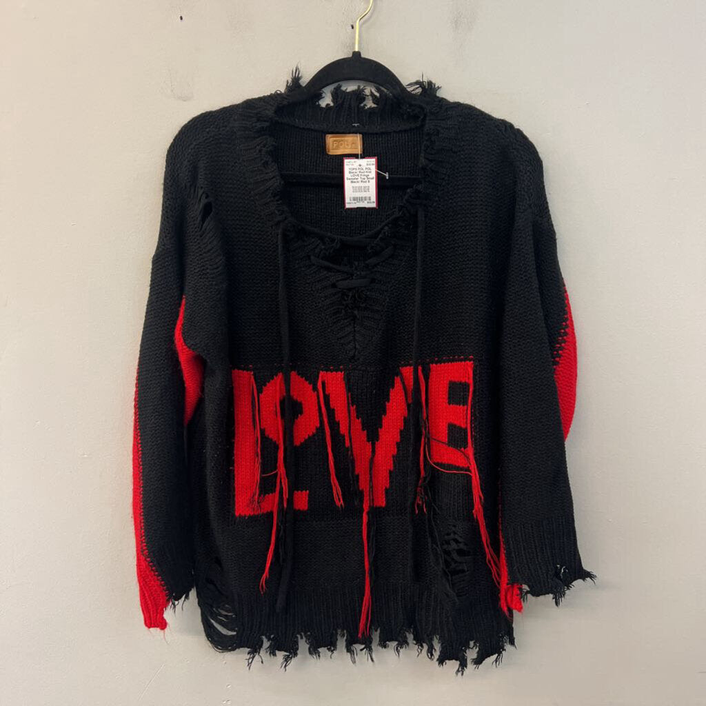 POL Black/ Red Knit LOVE Fringe Sweater Top Small